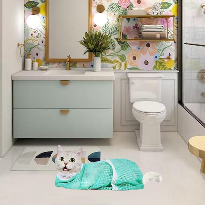 6 Pieces Cat Bathing/Grooming Bag, Adjustable Cat Shower Net Bag and Pet Nail Clippers, Nail File, Grooming Gloves, Tick Tool,Pet Dog and Cat Nail Trimming Check.