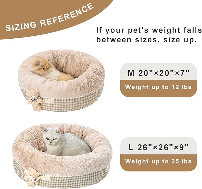 Jiupety Teddy Donut Bed for Indoor Cats, Washable & Warm Small Dog Bed, Cute Fluffy Round Kitten Bed, Suitable for Cat and Puppy, Anti-Slip Calming Princess Kitty Bed, Camel, 20"×20", Fit 12lbs