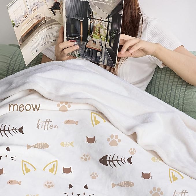 Cat Blanket Cute Pet Kitten Print Blankets Cats Lovers Throw Blanket Cat with Fish Plush Throws Blanket Ultra Soft Flannel Fleece Throw Blanket for Couch Sofa Bed 50 X 60 inch