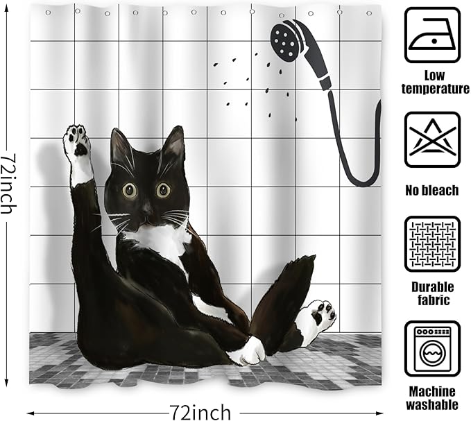 Black Cat Shower Curtain, Funny Kitty Cute Animal Plaid Machine Washable Waterproof Durable Fabric for Bathroom Decor Bathtub with 12 Hooks 72x72