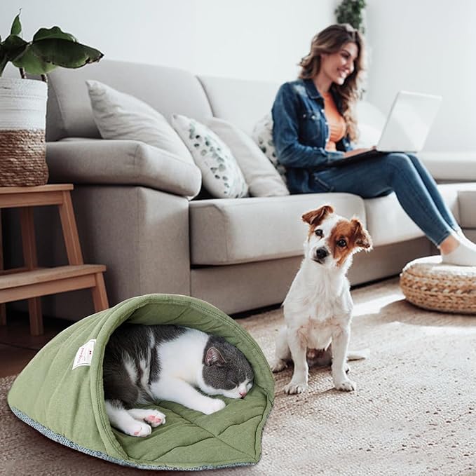 Cat Sleeping Bag,Linen Fabric Cat Bed Cave Leaf Nest Pet Cuddle Zone Covered Hide Hood Burrowing Cozy Soft Durable Washable with Non-Slip Bottom for Indoor Puppy and Kitten (Green with Support)