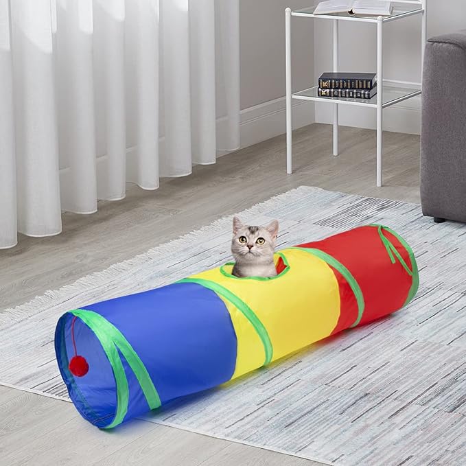 Sheldamy Cat Tunnel, 2-Way Cat Tunnels for Indoor Cats, Collapsible Cat Play Tunnel, Interactive Toy Maze Cat House with 1 Play Ball for Cats, Puppy, Kitty, Kitten, Rabbit (Rainbow)…