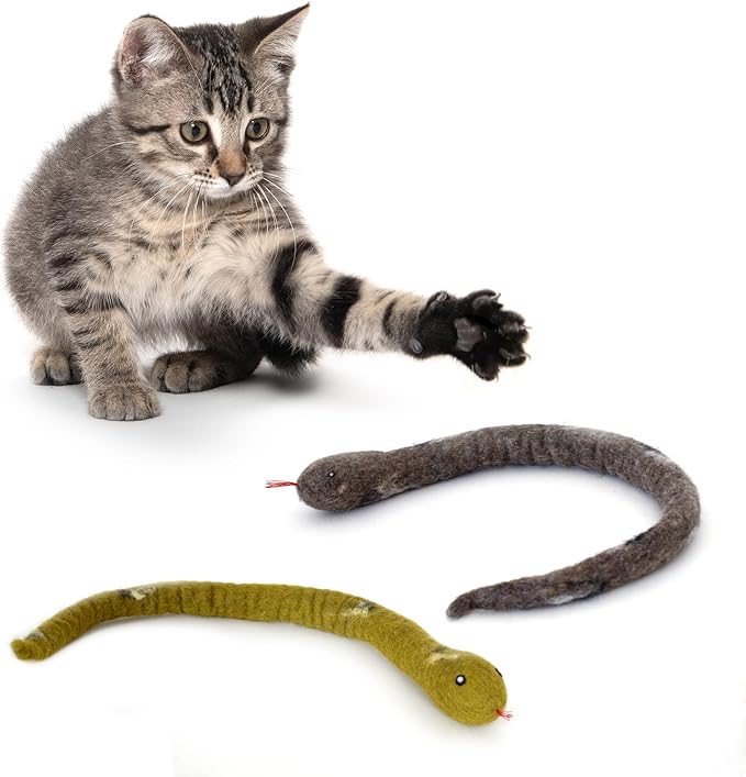 Glaciart One Felt Cat Snake Toy – Soft Fuzzy Enrichment 100% Natural Wool Toy - Interactive Catnip Play Cat Toy Set - Safe for Pets, Non-AZO Colored Dyes - 18” Long