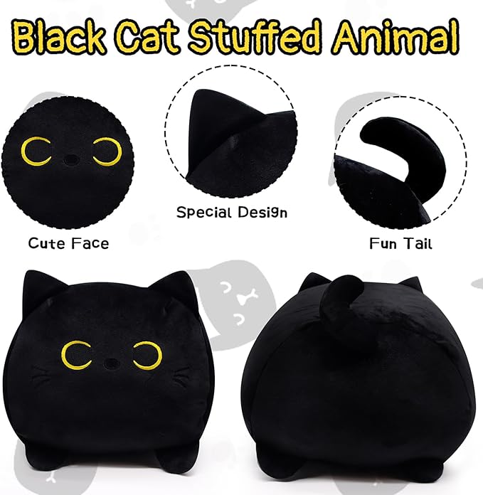 Black Cat Plush Pillow,13" Black Cat Stuffed Animals.Cute Black Cat Plushie,Kawaii Plush Cat Pillow,Stuffed Cat Toys for Kid,Black Cat Gift for Birthday Christmas
