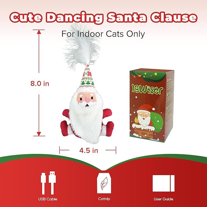 LEWISER Cat Toys, Rechargeable Intelligent Swinging Santa Clause, Suitable for Cat Teaser Stick, Interactive Christmas Cat Toys for Indoor Cats Chase Exercise, Music Melody, 3 Modes