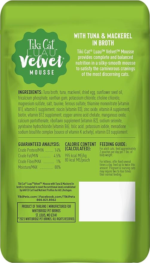 Tiki Cat Luau Velvet Mousse, Tuna & Mackerel in Broth, Complete Nutrition for Balanced Diet, Wet Cat Food For All Life Stages, 2.8 oz. Pouch (Pack of 12)