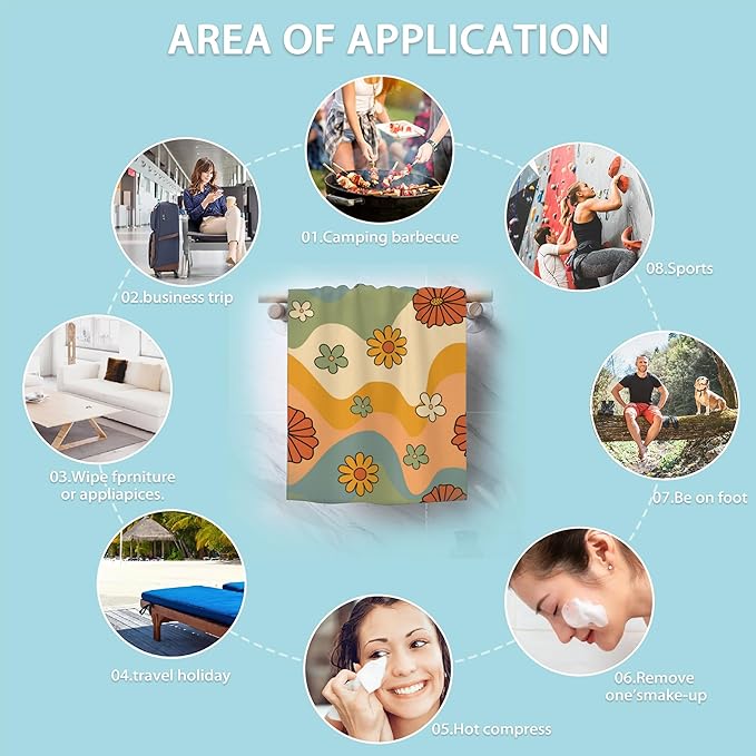 2 Pack Hand Bath Towel,Retro 70s Groovy Flower Hippie Fingertip Towel Bathtub Decorative Bath Towel Bathroom Kitchen Towel Set Highly Absorbent SPA Gym Towels 14x28 Inch