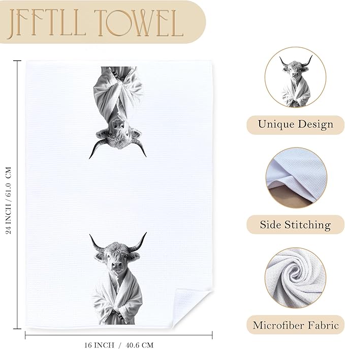 Funny Bathrobe Highland Cow Hand Towels for Bathroom Washroom Restroom Decor, Cow Lovers Gifts, Farmhouse Western Bathroom Hand Towels, 16x24 Inch