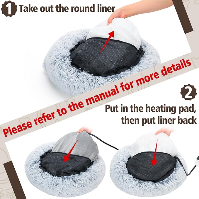 MEWTOGO 19.7in Heated Cat Bed with Hooded Cover - Warm & Soft Cat Cave Bed with Pet Heating Pad, 6 Levels Adjustable Temp & Timer, Washable for Small Pets Up to 16.5lb and Cat Gifts