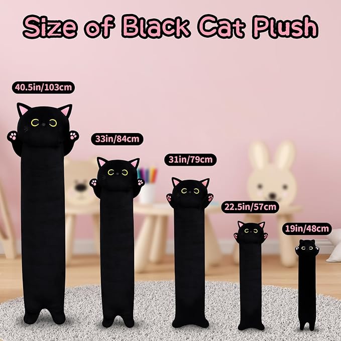Long Black Cat Plush Pillow, 40.5" Cute Black Cat Stuffed Animal Plushie, Kawaii Cat Toys Throw Pillow for Kids, Home Decorations