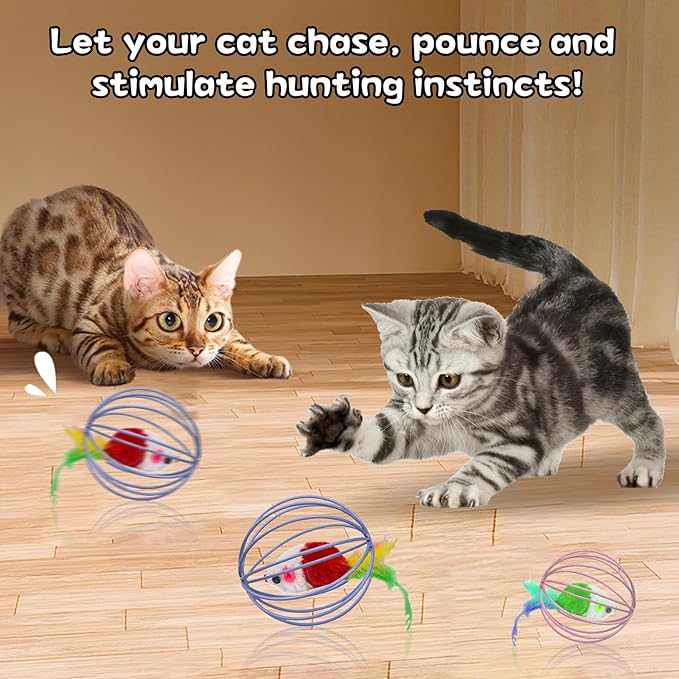 Cat Interactive Toys, Metal Cage with Colourful Plush Mouse Toys, Kitten Teething Toys, Cat Chew Toys, Cat Indoor Exercise Toys Ball, 1PCS Random Color
