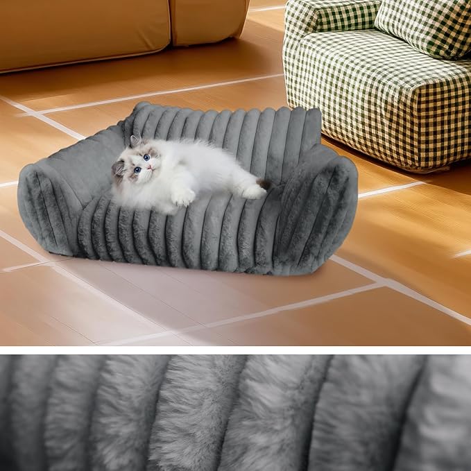 Cat Couch Bed for Pets, 24IN Cat Beds with Premium Soft Corduroy Fleece, Cute Waterproof Cat Sofa with Cotton for Small Medium Dogs & Kittens with Removable Washable Cover (Warm Grey)