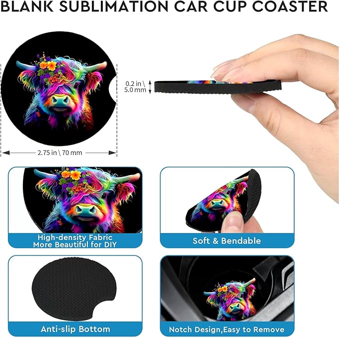 Car Coasters for Cup Holders,2 Pack Highland Cow Car Cup Holder Coasters,2.75" Universal Size Anti Slip Rubber Mat,Automotive Cup Holder Decal Decor Accessories,Cow Gifts for Women,Men,Mom,Her