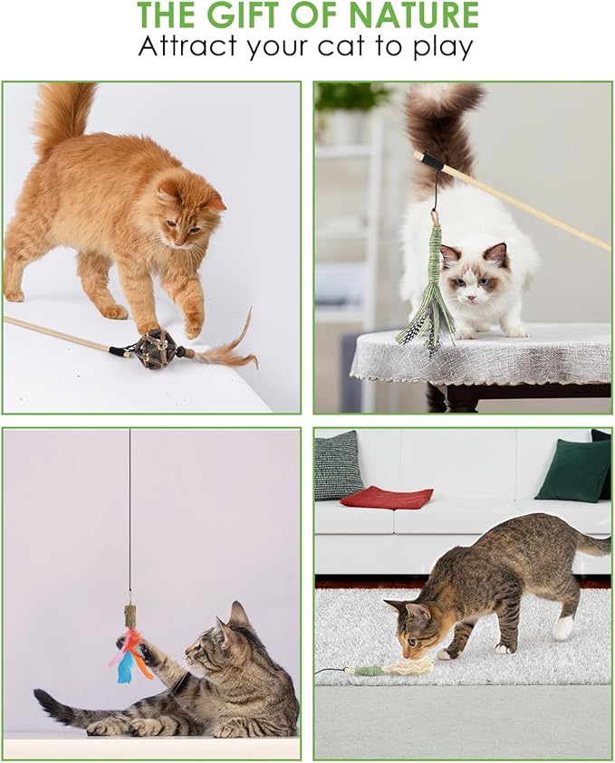 TINDTOP Interactive Cat Toys, 4 Pack Cat Wand Toys with Sisal Chew Sticks, Natural Feather and Silvervine Sticks Catnip Ball, for Indoor Cats to Chase and Exercise