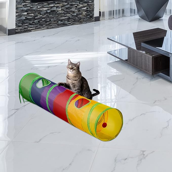 Cat Toys Cat Tunnel and Cat Cube Pop Up Collapsible Kitten Indoor Outdoor Toys-Collapsible 3 Way or 1wayCat Tube- for Cat, Puppy, Kitty, Kitten, Rabbit (Rainbow)