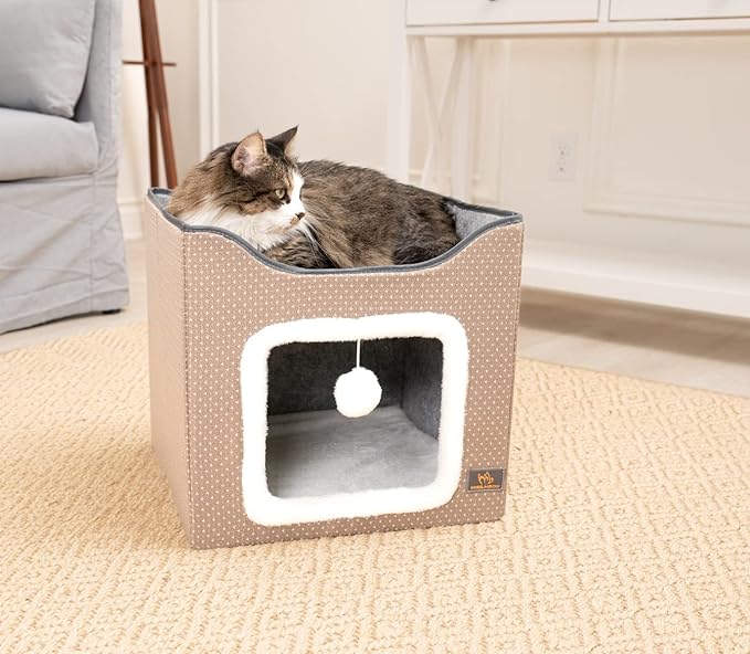 Cat Bed for Indoor Cats,Medium Large Cats Cave Bed,Machine Washable Slip Resistant Bottom,Ultra Soft Plush Cushion (Beige House)