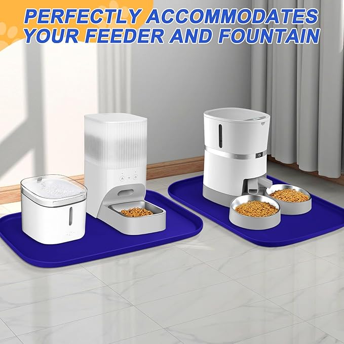 Silicone Pet Feeding Mat with Raised Edge for Food and Water, Dog Bowl Mats, Cat Bowls Placemat with High Lip for Floor Waterproof, Rubber Tray for Cats and Dogs 24 x 16 x0.8 Navy Blue