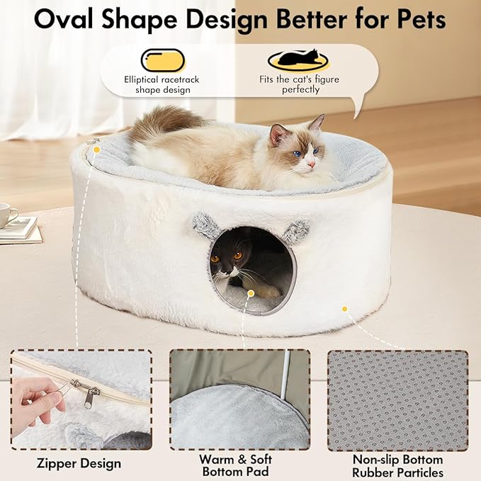 Cat Bed for Indoor Cats, Fluffy Cat Cave Large Enclosed Cat House Pet Bed Hammock with Removable Washable Cover for Sleeping Cat, Kittens, Small Dog, Oval Cat Hideaway