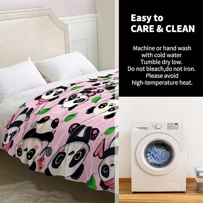 Panda Blanket Gifts for Women Men Girls Boys Panda Print Present for Kids Adult Teen Birthday Valentines Mothers Festival Christmas Decor Bedroom Living Room Couch Sofa Soft Flannel Pink Throw 60"x50"