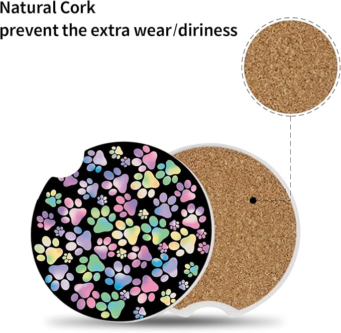 2 Pack Absorbent Car Coasters for Cup Holders,Gradient Colorful Dog paw Print Ceramic Coasters with Cork Back and Finger Slot,2.56" Auto Accessories for Women & Men.