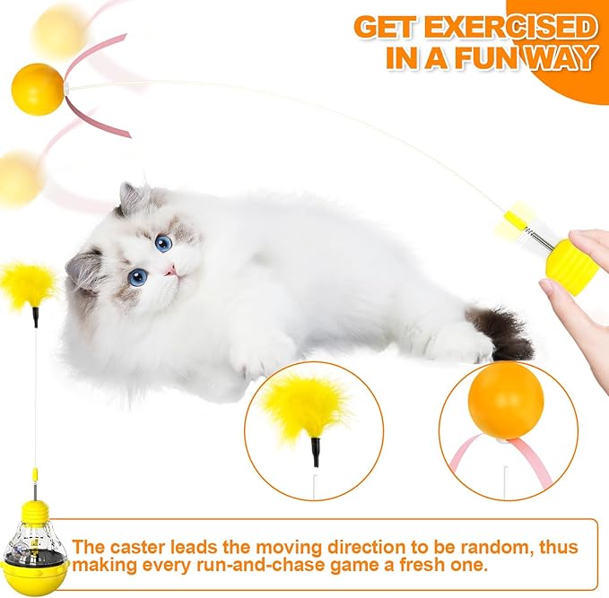 Indoor Interactive Cat Toys for Cats to Play Indoors and Exercise - Relieve Boredom, Cat Treat Toy with Feather and Balls-Yellow