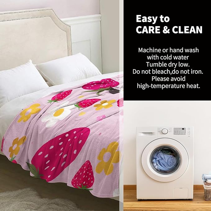 Strawberry Blanket Gifts for Women Girls Mom Bestie Birthday Christmas Valentines Presents Pink Floral Strawberrys Fruit Theme Decor Sofa Couch Soft Cozy Plush Kids Adults Teen Flannel Throw 60"x50"