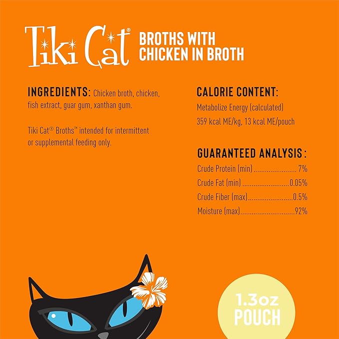 Tiki Cat Born Carnivore Broths, Chicken Recipe, Hydration and Flavor Supplement Cat Food Topper, 1.3 oz. Pouch (Pack of 12)