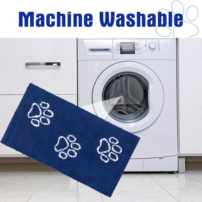 EXPAWLORER Dog Door Mat for Muddy Paws - Highly Absorbent Microfiber Dog Rug, Soft Chenille Dog Runner Rug Indoor Outdoor Floor, Non-Slip Large Pet Paw Cleaning Washable Mud Mat for Bathroom, Blue