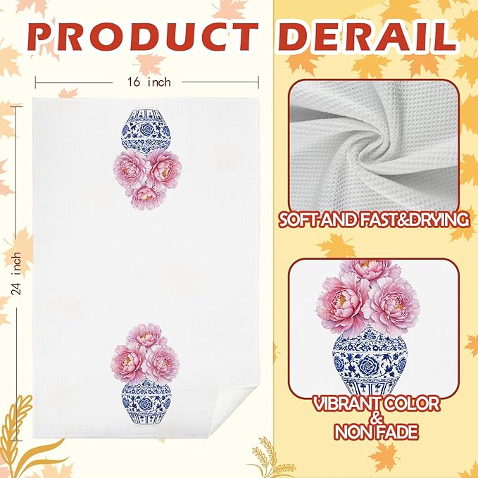 SPBL&L Chinoiserie Decor Kitchen Towels, Blue and White Chinoiserie Vase Pink Peonies Floral Dish Towels for Kitchen, Blue and White Hand Towels for Bathroom, Grandmillenial Decor, 16x24 Inches