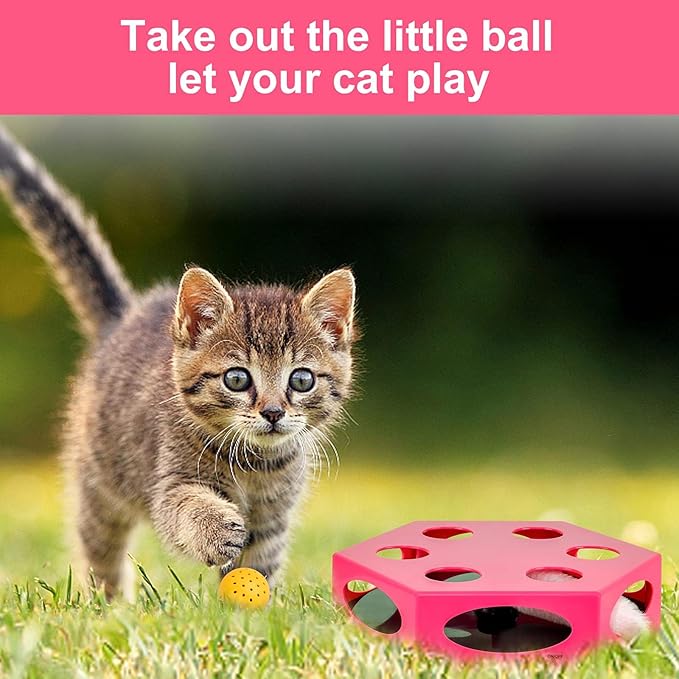 FluffyDream Interactive Cat Maze Box Toy, Electrical Cat Exercise Teaser Toy with Plush Tail & Ball Contains Bells, Fluffy Toys, Toys for Indoor Cats, Pets, Kitten, Kitty, Pink