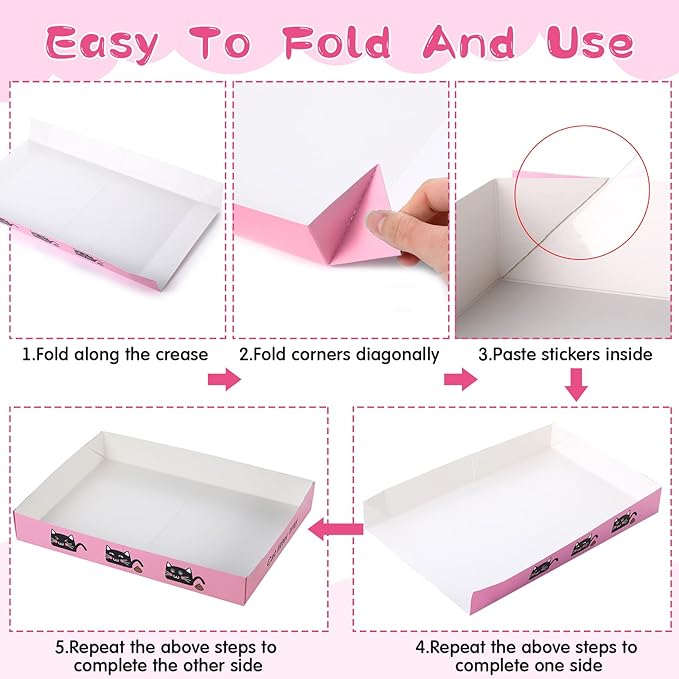 30 Pack Disposable Cat Litter Box Foldable Paper Kitty Tray 13.8x10x2 in Small Lightweight Cardboard Box Water Proof for Indoor Low Entry Easy Disposal Non Clumping Nice Absorption Portable (Pink)