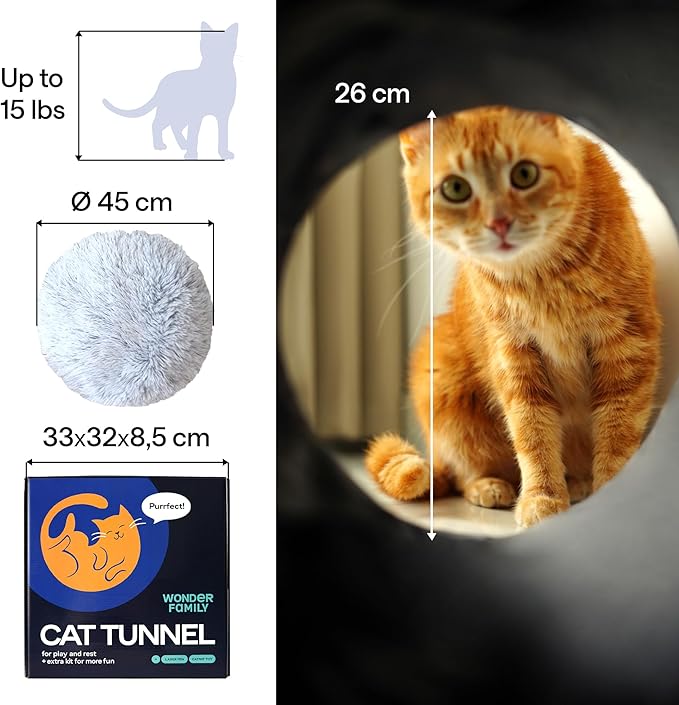 Cat Tunnel Bed – Cat Donut Tunnel Combining Cat Bed, Peekaboo Cat Cave, & Cat Tube – Cat Cave Bed with Cat Toys for Indoor Cats Included – Cat Tunnels for Indoor Cats Large, 1 Lazer Paw, 1 Ball