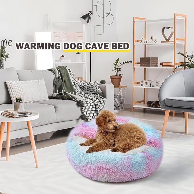 Cat Bed Calming Cat Beds,Indoor Washable Cat Bed,Anti-Slip Faux Fur Fluffy Cuddler Anxiety Cat Bed,Warming Cuddler Cushion Bed for Small Medium Dogs and Cats (Dazzling colors, 20*20inch)