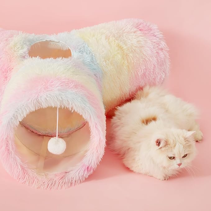 Tempcore Plush Pet Cat Tunnel Tube Cat Toys 3 Way Collapsible, Cat Tunnels for Indoor Cats,Kitty Tunnel Bored Cat Pet Toys Peek Hole Toy Ball Cat, Puppy, Kitty, Kitten, Rabbit Rainbow