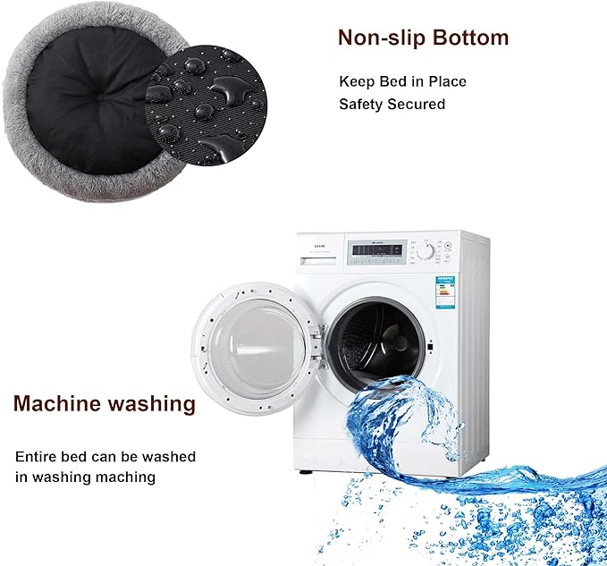 Calming Dog Bed for Cats and Small Dogs, Donut Washable Small Cat Bed for Indoor Cats and Dogs, Anti-Slip Round Fluffy Plush Faux Fur Pet Bed for Small Cats and Dogs (Black White, 15.7'')