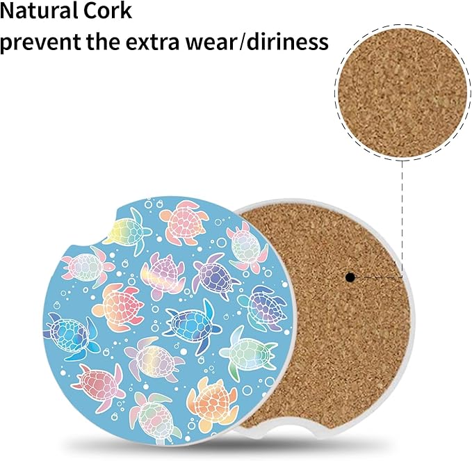 2 Pack Absorbent Car Coasters for Cup Holders,2.56" Ceramic Coasters with Cork Back and Finger Slot,Cute Sea Turtles Pattern Auto Accessories for Women & Men.