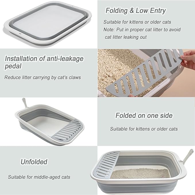 2 pcs Collapsible Kitten Litter Box,Low Entry Shallow Open Cat Potty Pan with Scoop Foldable Shallow Cat Toilet Travel Litter Box with Falling Sand Pedal for Kitty to Senior Cats 2PCS(Grey, Large)