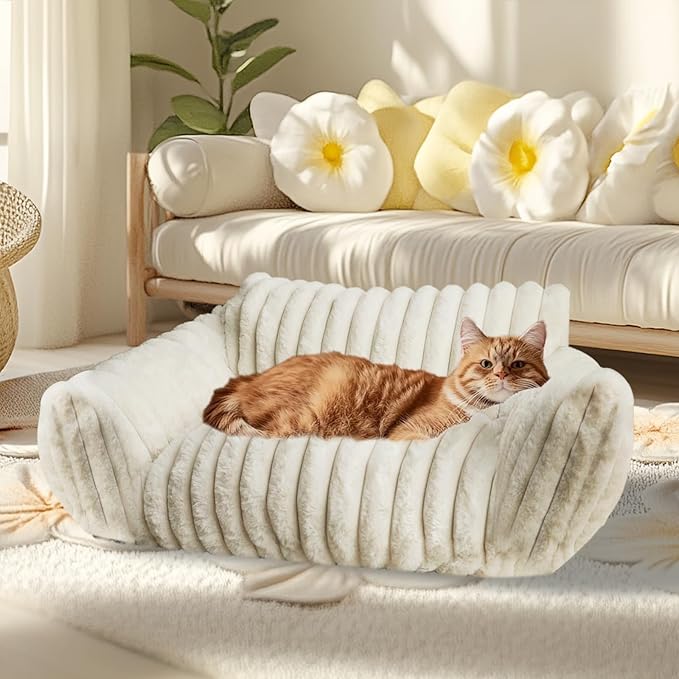 Cat Couch Bed for Pets, 24IN Cat Beds with Premium Soft Corduroy Fleece, Cute Waterproof Cat Sofa with Cotton for Small Medium Dogs & Kittens with Removable Washable Cover (Cream White)