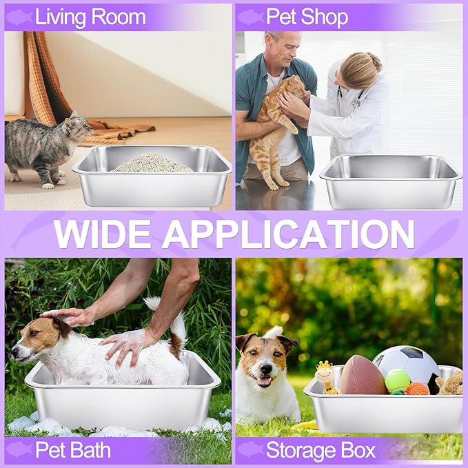 3 Pack Stainless Steel Cat Litter Boxes 17.7"L x 13.8"W x 5.9"H Large Metal Litter Boxes with High Sides Sturdy Kitty Litter Aluminum Pans for Pets No Smell, Non Stick, Easy to Clean (M)