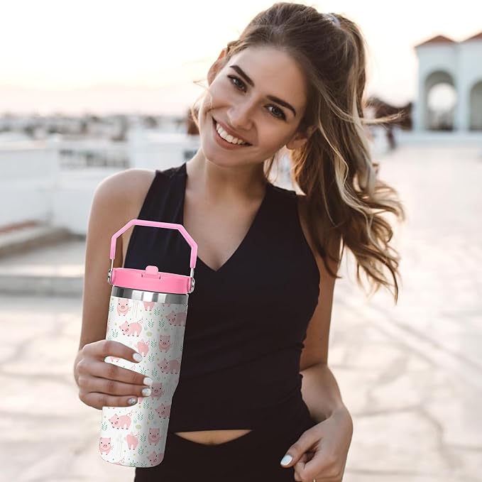 30 Oz Pig Tumbler with Handle and Straw, Pig Mug Insulated Pig Cups for Women, Double Wall Stainless Steel Pig Coffee Cup, 30 Oz Leak Proof Pig Coffee Mug for Women and Pig Gifts for Women