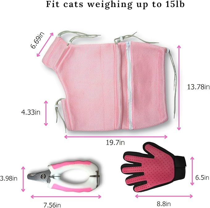 High Performance 3 Layers Cat Bathing Bag Set - 3 Pcs Multifunctional Grooming Kit with Restraint Bag, Durable Clippers, Bathing Glove - Cat Bathing Bag Anti Scratch - Cat Washing Bag for All Ages…