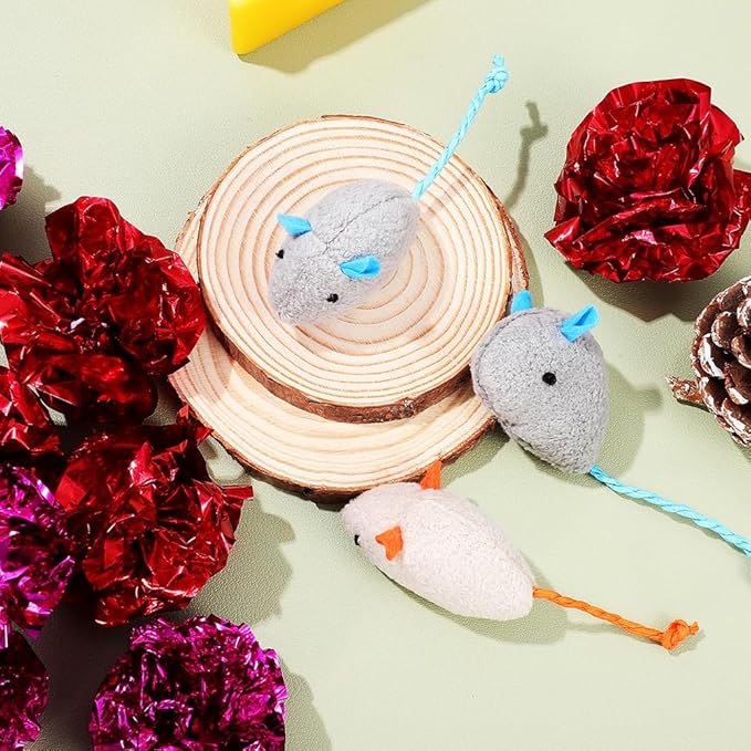 LOGOFUN 4Pcs Cat Mice Toy Plush Cat Mouse Toys Kitten Mice Chew Toy Kitten Mouse Molar Toy for Pet Supplies - Gray+Beige