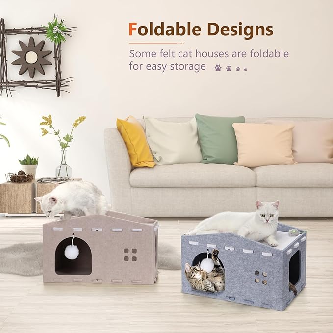 Cat House for Indoor Cat, Cozy Cat Bed Scratch Resistant Peekaboo Cat Cave Foldable Cat Tunnel for Multiple Large Cats Up to 33 Lbs Felt Cat Hideaway for Kitty with Fluffy Ball and Catnip Toy, Camel