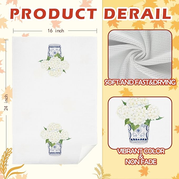 SPBL&L Chinoiserie Decor Kitchen Towels, Blue and White Chinoiserie Vase Hydrangea Floral Dish Towels for Kitchen, Blue and White Hand Towels for Bathroom, Grandmillenial Decor, 16x24 Inches