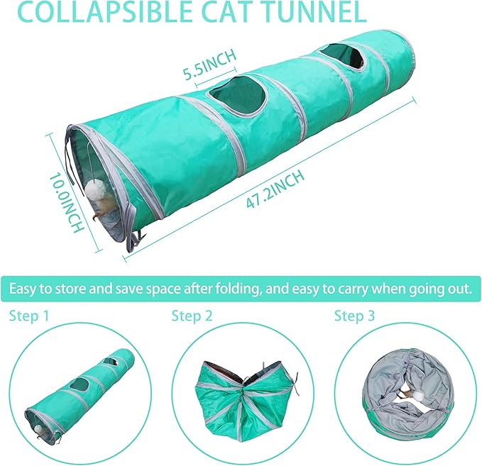Petest Cat Tunnel for Indoor Cat Collapsible Cat Play Tube with Play Ball and Fringe, Interactive Pet Crinkle Tunnel for Kittens, Length 47 inch, Diameter 9.7 inch