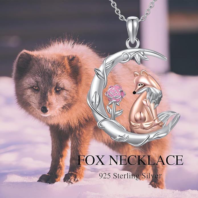 925 Sterling Silver Cat/Fox/Panda/Elephant/Highland Cow Necklace Crescent Moon Pendant Cute Animal Jewelry Gift for Women