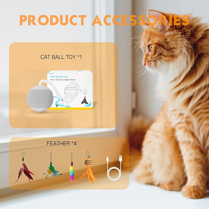 AMUSANG Smart Turbo Tail Cat Toy for Indoor Cats, Interactive Cat Toy Ball Speed Tail Cat Toys, with LED Lights and Feathers DIY 5 in 1 Automatic Cat Ball Toys Type-C Rechargeable (Grey)