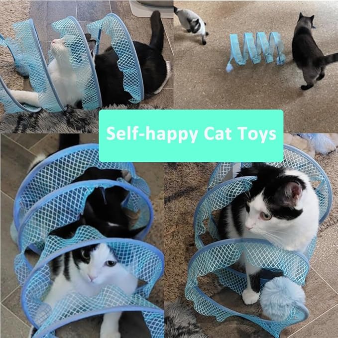 Cat Tunnel Toy S-Shape Folded Cat Tunnel Spring Toys, Cat Spring Toy Cat Spiral Tunnel Toy for Indoor Cats Play Exercise for Puppy, Kitty, Kitten, Rabbit (Blue)