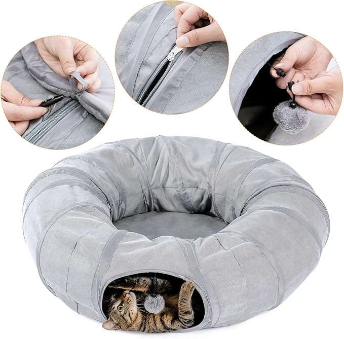 PAWZ Road Cat Tunnel Bed Large Cat Donut Tunnel for Indoor Cats Collapsible Cat Tube with Central Mat, Peek Hole and Cat Toy Hanging Balls for Indoor Cats