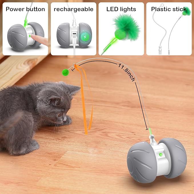 Interactive Cat Toys Fast Rolling Power Ball with Extra Long Feather Wand, Motion Activated Cat Toys